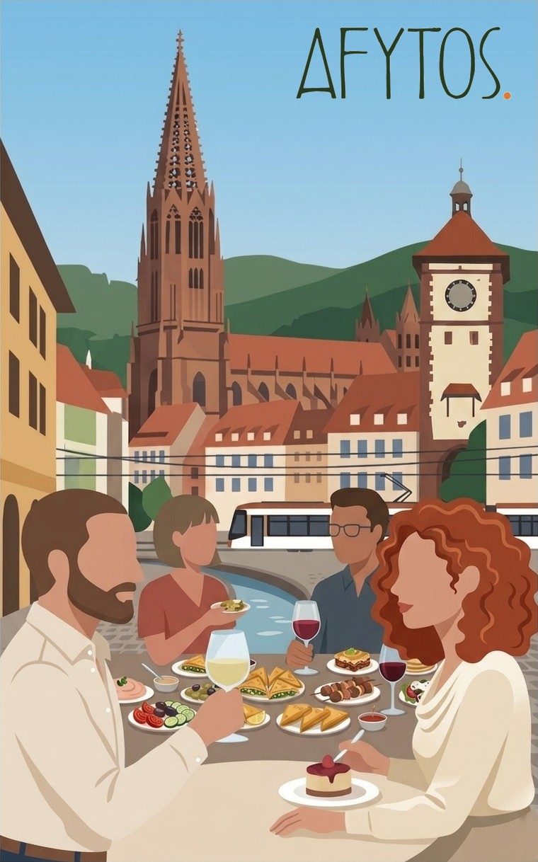 AFYTOS – griechische Tafel zum Teilen, Illustration mit Freiburger Münster